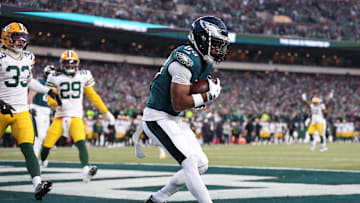Jan 12, 2025; Philadelphia, Pennsylvania, USA; Philadelphia Eagles wide receiver Jahan Dotson (83) makes a catch for a touchdown against the Green Bay Packers during the first quarter in the NFC wild card game at Lincoln Financial Field. Mandatory Credit: Bill Streicher-Imagn Images