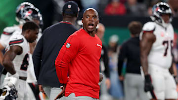 Oct 31, 2024; East Rutherford, New Jersey, USA; Houston Texans head coach DeMeco Ryans during warm ups before a game against the New York Jets at MetLife Stadium. Mandatory Credit: Brad Penner-Imagn Images