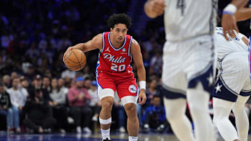 Dec 6, 2024; Philadelphia, Pennsylvania, USA; Philadelphia 76ers guard Jared McCain (20) controls the ball against the Orlando Magic in the fourth quarter at Wells Fargo Center. Mandatory Credit: Kyle Ross-Imagn Images