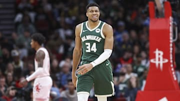 Jan 6, 2024; Houston, Texas, USA; Milwaukee Bucks forward Giannis Antetokounmpo (34) reacts after a play during the third quarter against the Houston Rockets at Toyota Center. Mandatory Credit: Troy Taormina-Imagn Images