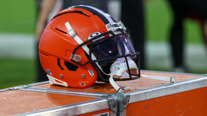 Aug 12, 2022; Jacksonville, Florida, USA; a Cleveland Browns helmet sits on the sidelines during a game against the Jacksonville Jaguars in preseason at TIAA Bank Field.