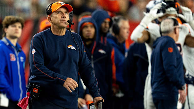 Denver Broncos head coach Sean Payton looks on in the third quarter of the NFL game against the Cincinnati Bengals.