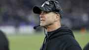 Jan 11, 2025; Baltimore, Maryland, USA; Baltimore Ravens head coach John Harbaugh looks on after defeating the Pittsburgh Steelers in an AFC wild card game at M&T Bank Stadium. Mandatory Credit: Geoff Burke-Imagn Images