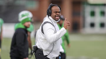 Nov 27, 2021; Huntington, West Virginia, USA; Marshall Thundering Herd head coach Charles Huff yells during the first quarter against the Western Kentucky Hilltoppers at Joan C. Edwards Stadium. Mandatory Credit: Ben Queen-Imagn Images