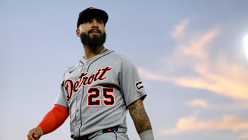 Aug 27, 2025; West Sacramento, California, USA; Detroit Tigers second baseman Gleyber Torres (25) walks towards against the Athletics before the start of the third inning at Sutter Health Park. Mandatory Credit: Cary Edmondson-Imagn Images
