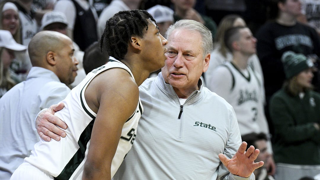Jan 24, 2026; East Lansing, Michigan, USA;  Michigan State Spartans head coach Tom Izzo talks with guard Jeremy Fears Jr. (1) during the first half against the Maryland Terrapins at Jack Breslin Student Events Center. Mandatory Credit: Dale Young-Imagn Images