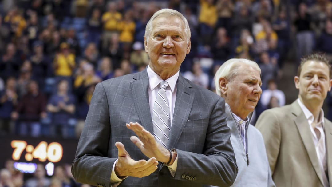 Feb 2, 2019; Morgantown, WV, USA; Former West Virginia Mountaineers player Jerry West is honored at halftime at WVU Coliseum. Mandatory Credit: Ben Queen-USA TODAY Sports