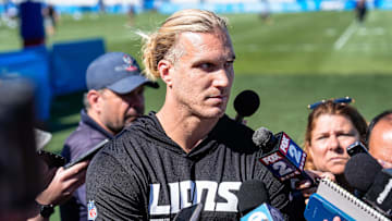 Detroit Lions linebacker Alex Anzalone (34) talks to media members after practice during training camp at Meijer Performance Center in Allen Park on Tuesday, July 22, 2025.