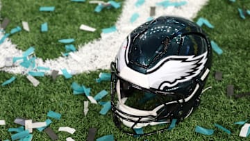 Feb 9, 2025; New Orleans, LA, USA; A Philadelphia Eagles player's helmet rests on the field after Super Bowl LIX against the Kansas City Chiefs at Caesars Superdome. Mandatory Credit: Geoff Burke-Imagn Images