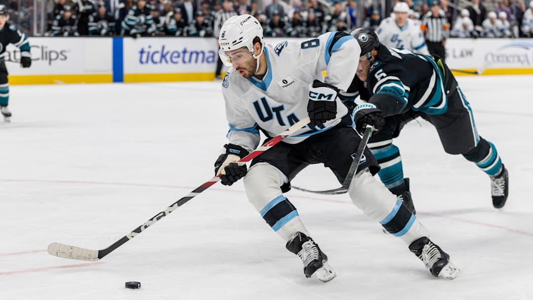 Nov 18, 2025; San Jose, California, USA; Utah Mammoth center Nick Schmaltz (8) skates with the puck during the first period against the San Jose Sharks at SAP Center at San Jose. Mandatory Credit: Bob Kupbens-Imagn Images