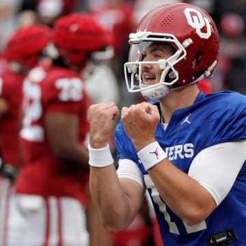 Oklahoma's Jackson Arnold celebrates after throwing a touchdown during a University of Oklahoma (OU) Sooners spring football game at Gaylord Family-Oklahoma Memorial Stadium in Norman, Okla., Saturday, April 20, 2024.