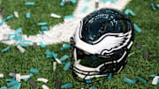 Feb 9, 2025; New Orleans, LA, USA; A Philadelphia Eagles player's helmet rests on the field after Super Bowl LIX against the Kansas City Chiefs at Caesars Superdome. Mandatory Credit: Geoff Burke-Imagn Images