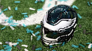 Feb 9, 2025; New Orleans, LA, USA; A Philadelphia Eagles player's helmet rests on the field after Super Bowl LIX against the Kansas City Chiefs at Caesars Superdome. Mandatory Credit: Geoff Burke-Imagn Images