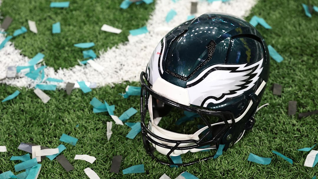 Feb 9, 2025; New Orleans, LA, USA; A Philadelphia Eagles player's helmet rests on the field after Super Bowl LIX against the Kansas City Chiefs at Caesars Superdome. Mandatory Credit: Geoff Burke-Imagn Images