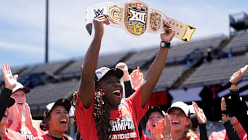 NiJaree Canady (24) celebrates following the 2025 Phillips 66 Big 12 Softball Championship game between Arizona Wildcats and Texas Tech Red Raiders at Devon Park in Oklahoma City, Saturday, May, 10, 2025.