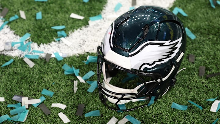 Feb 9, 2025; New Orleans, LA, USA; A Philadelphia Eagles player's helmet rests on the field after Super Bowl LIX against the Kansas City Chiefs at Caesars Superdome. Mandatory Credit: Geoff Burke-Imagn Images