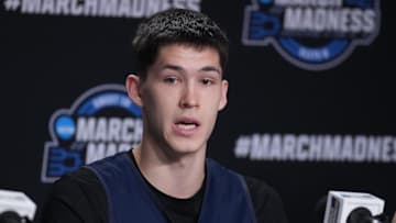 Mar 26, 2025; Newark, NJ, USA;  Brigham Young Cougars guard Egor Demin (3) talks to the media at the Prudential Center.