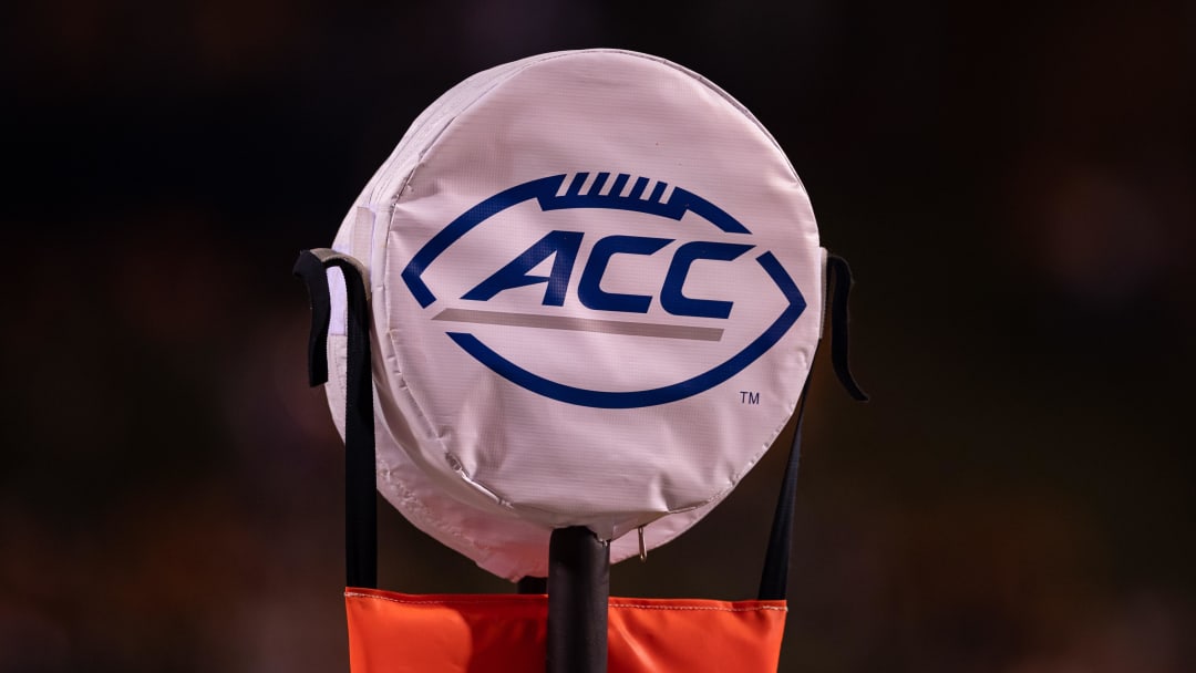 Sep 4, 2021; Charlottesville, Virginia, USA; A detailed view of the ACC logo on the down marker.