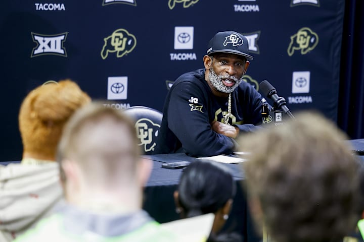 Colorado Buffaloes head coach Deion Sanders speaks to the media at the University of Colorado NFL Showcase.