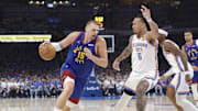 May 13, 2025; Oklahoma City, Oklahoma, USA; Denver Nuggets center Nikola Jokic (15) drives to the basket against Oklahoma City Thunder forward Jaylin Williams (6) during the second quarter of game five of the second round for the 2025 NBA Playoffs at Paycom Center. Mandatory Credit: Alonzo Adams-Imagn Images
