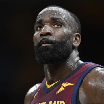 Apr 11, 2018; Cleveland, OH, USA; Cleveland Cavaliers center Kendrick Perkins (21) reacts in the fourth quarter against the New York Knicks at Quicken Loans Arena. Mandatory Credit: David Richard-USA TODAY Sports