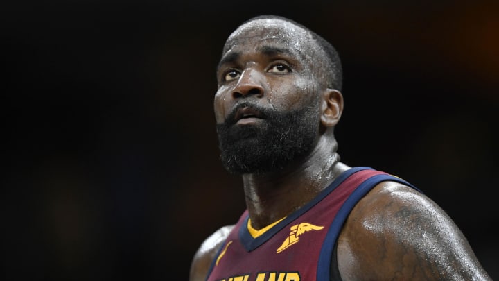 Apr 11, 2018; Cleveland, OH, USA; Cleveland Cavaliers center Kendrick Perkins (21) reacts in the fourth quarter against the New York Knicks at Quicken Loans Arena. Mandatory Credit: David Richard-USA TODAY Sports