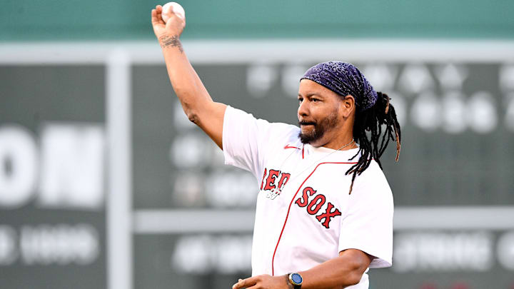 Former player Manny Ramirez was threw a ceremonial first pitch as part of the Red Sox Hall of Fame induction before a game against the Detroit Tigers at Fenway Park in 2022. Former player Manny Ramirez was threw a ceremonial first pitch as part of the Red Sox Hall of Fame induction before a game against the Detroit Tigers at Fenway Park in 2022.