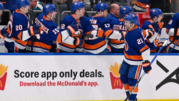 Mar 23, 2024; Elmont, New York, USA;  New York Islanders center Kyle Palmieri (21) celebrates his goal against the Winnipeg Jets during the first period at UBS Arena. Mandatory Credit: Dennis Schneidler-USA TODAY Sports