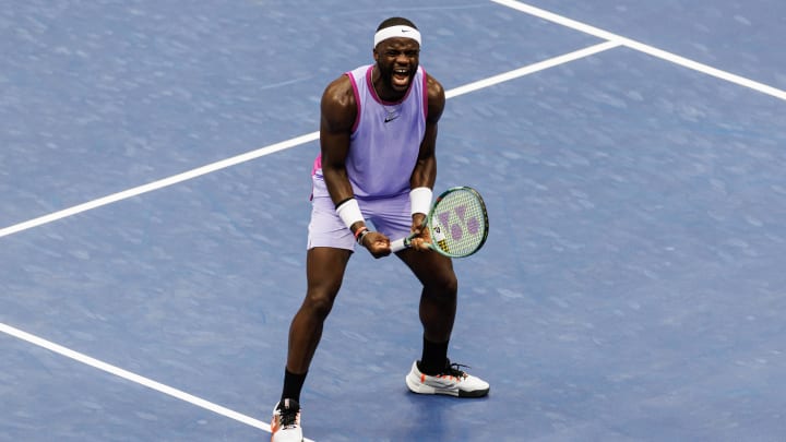 Aug 30, 2024; Flushing, NY, USA; Frances Tiafoe of the United States celebrates after defeating Ben Shelton of the United States on day five of the 2024 U.S. Open tennis tournament at the USTA Billie Jean King National Tennis Center. Mandatory Credit: Mike Frey-USA TODAY Sports