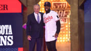 Jul 14, 2024; Ft. Worth, TX, USA;  MLB Commissioner Rob Manfred takes a photo with Kaelen Culpepper after he was drafted by the Minnesota Twins with the 21st pick during the first round of the MLB Draft at Cowtown Coliseum. Mandatory Credit: Kevin Jairaj-USA TODAY Sports