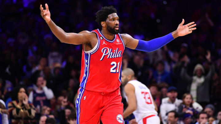 Dec 23, 2022; Philadelphia, Pennsylvania, USA; Philadelphia 76ers center Joel Embiid (21) reacts after scoring against the Los Angeles Clippers in the third quarter at Wells Fargo Center. Mandatory Credit: Kyle Ross-USA TODAY Sports