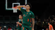 Feb 11, 2025; Coral Gables, Florida, USA; Miami Hurricanes guard Jalil Bethea (3) reacts after scoring against the Syracuse Orange during the first half at Watsco Center. Mandatory Credit: Sam Navarro-Imagn Images