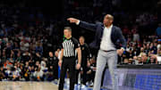 Mar 14, 2025; Charlotte, NC, USA; North Carolina Tar Heels head coach Hubert Davis reacts in the second half at Spectrum Center. Mandatory Credit: Bob Donnan-Imagn Images