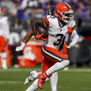 Sep 14, 2025; Baltimore, Maryland, USA; Cleveland Browns wide receiver Jerry Jeudy (3) completes a reception during the fourth quarter at M&T Bank Stadium. Mandatory Credit: Mitch Stringer-Imagn Images