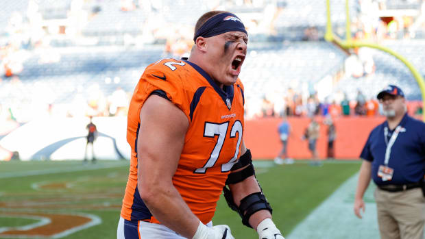 Denver Broncos offensive tackle Garett Bolles (72) reacts after the game against the New York Jets.
