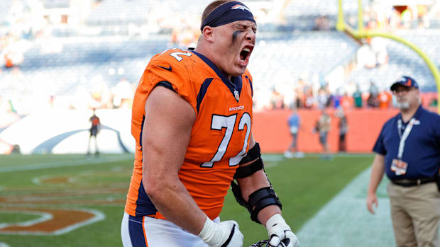 Denver Broncos offensive tackle Garett Bolles (72) reacts after the game against the New York Jets at Empower Field.