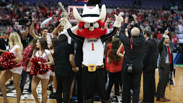 Mar 17, 2018; Dallas, TX, USA; Texas Tech Red Raiders mascot celebrates a victory against the Florida Gators in the second round of the 2018 NCAA Tournament at American Airlines Center. Mandatory Credit: Kevin Jairaj-USA TODAY Sports