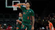 Feb 11, 2025; Coral Gables, Florida, USA; Miami Hurricanes guard Jalil Bethea (3) reacts after scoring against the Syracuse Orange during the first half at Watsco Center. Mandatory Credit: Sam Navarro-Imagn Images