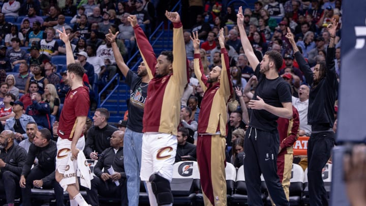 Mar 13, 2024; New Orleans, Louisiana, USA; Cleveland Cavaliers bench reacts to a three-point basket against the New Orleans Pelicans during the second half at Smoothie King Center. Mandatory Credit: Stephen Lew-USA TODAY Sports