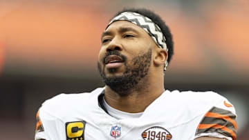 Dec 15, 2024; Cleveland, Ohio, USA; Cleveland Browns defensive end Myles Garrett (95) during warm ups before the game against the Kansas City Chiefs at Huntington Bank Field. Mandatory Credit: Scott Galvin-Imagn Images