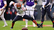 Nov 24, 2024; Chicago, Illinois, USA; Chicago Bears cornerback Kyler Gordon (6) celebrates a defensive stop on 4th down against the Minnesota Vikings during the fourth quarter at Soldier Field. Mandatory Credit: Daniel Bartel-Imagn Images