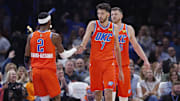 Nov 11, 2025; Oklahoma City, Oklahoma, USA; Oklahoma City Thunder center Chet Holmgren (7) and Oklahoma City Thunder guard Shai Gilgeous-Alexander (2) celebrate after scoring against the Golden State Warriors during the second half at Paycom Center.