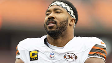 Cleveland Browns defensive end Myles Garrett (95) during warm-ups before the game against the Kansas City Chiefs at Huntington Bank Field.