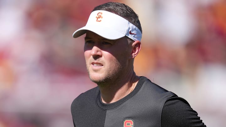 Aug 30, 2025; Los Angeles, California, USA; Southern California Trojans head coach Lincoln Riley reacts during the game against the Missouri State Bears at United Airlines Field at Los Angeles Memorial Coliseum. Mandatory Credit: Kirby Lee-Imagn Images