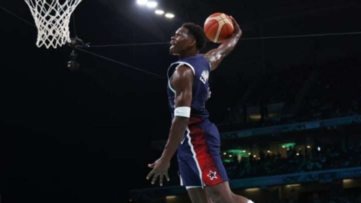 Anthony Edwards rises up for a windmill dunk during USA Basketball's 104-83 win over Puerto Rico at Pierre Mauroy Stadium in the 2024 Paris Olympics on Saturday, August 3. 