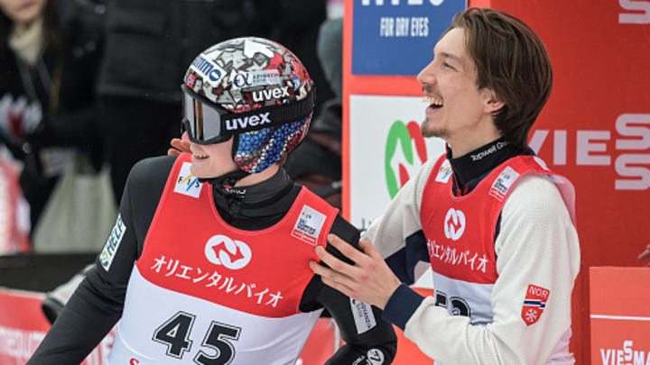 Marius Lindvik and Johann Andre Forfang celebrate at an FIS Ski Jumping World Cup competition in Sapporo, Japan. Marius Lindvik and Johann Andre Forfang celebrate at an FIS Ski Jumping World Cup competition in Sapporo, Japan.