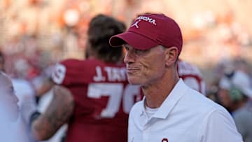 Oklahoma head football coach Brent Venables reacts following the first half of the Red River Rivalry college football game between the University of Oklahoma Sooners and the Texas Longhorn at the Cotton Bowl Stadium in Dallas, Texas, Saturday, Oct., 12, 2024.