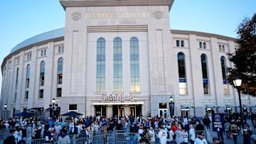Yankee fans get ready to enter the stadium before Game 3, Monday, October 28, 2024, in the Bronx.