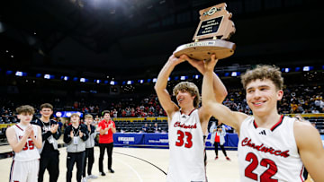 The Chadwick Cardinals celebrate after beating the St. Elizabeth Hornets to win the Class 1 state championship game at Mizzou Arena in Columbia, Mo. on Saturday, March 15, 2025.