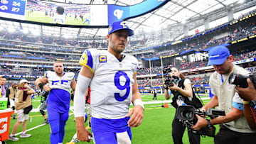 Sep 22, 2024; Inglewood, California, USA; Los Angeles Rams quarterback Matthew Stafford (9) reacts following the victory against the San Francisco 49ers at SoFi Stadium. Mandatory Credit: Gary A. Vasquez-Imagn Images